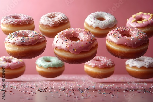 Colorful Assorted Donuts with Sprinkles Against Pink Background for Dessert Concept