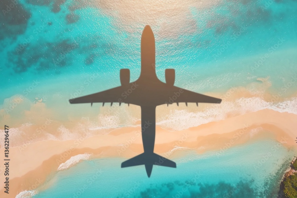 Fototapeta premium Airplane shadow flying over beautiful exotic tropical beach with sunny cay - Summer vacation travel concept . A happy family on summer holidays . Travel traveling vacation sea symbolic picture