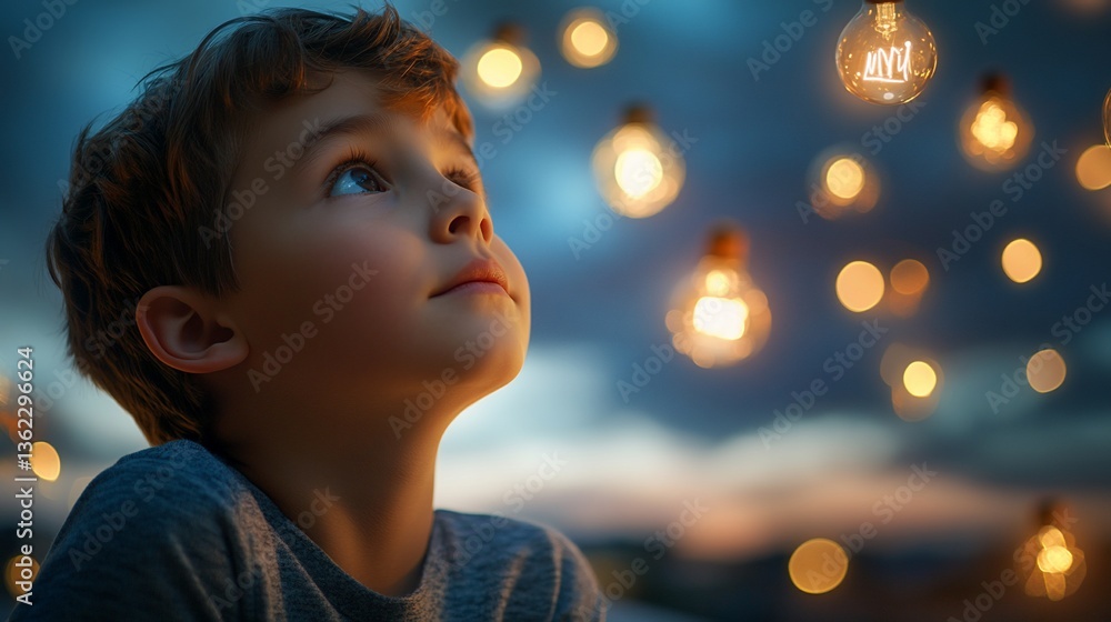Naklejka premium Boy gazing at glowing lights in twilight