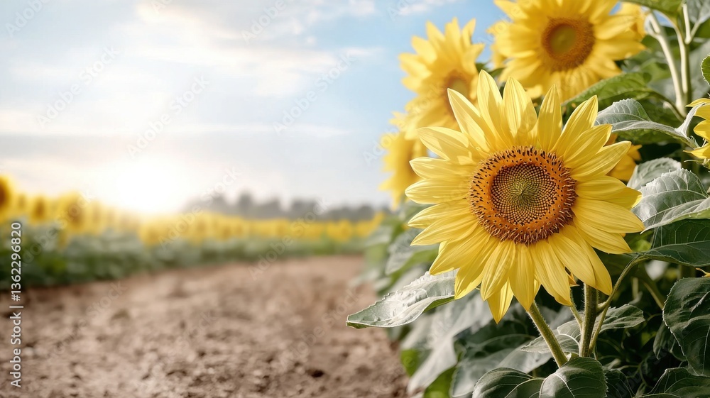Fototapeta premium Vibrant sunflower field basking in sunlight, showcasing nature's beauty and growth potential.