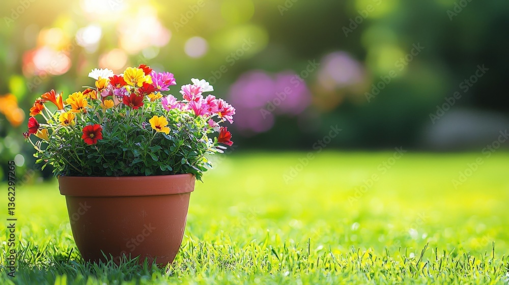 Colorful flower arrangement in terracotta pot with lawn field behind and vibrant summer mood for outdoor gardening plant growth and eco horticulture themes