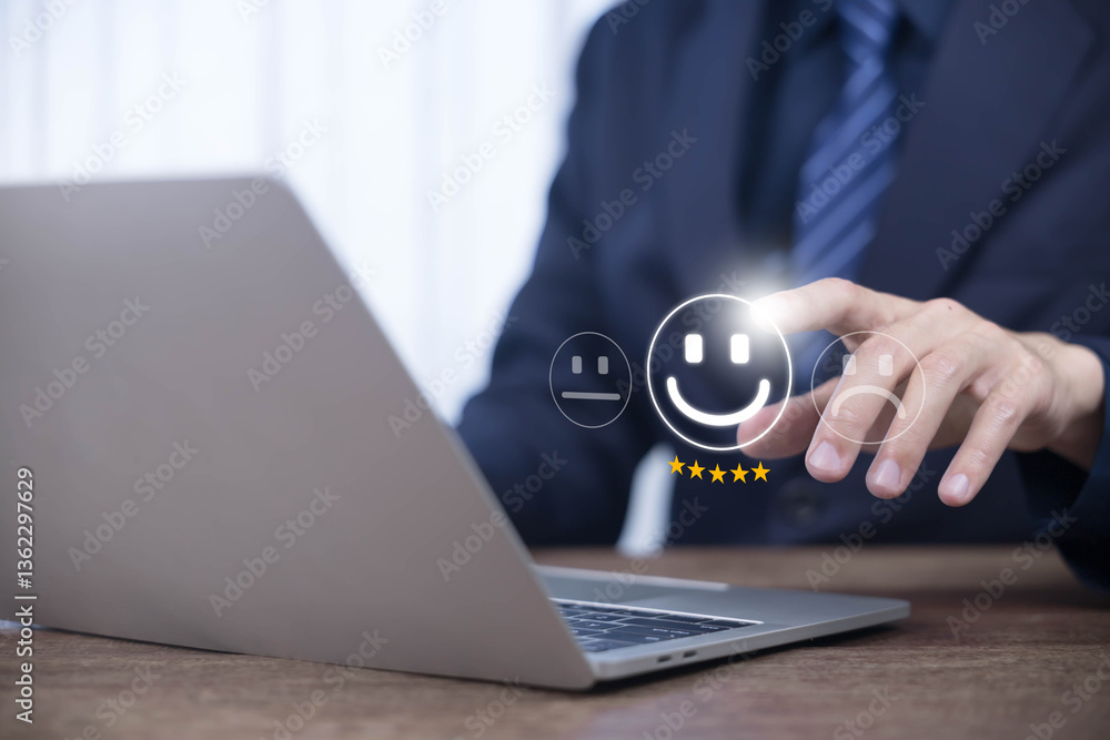 Customer satisfaction survey concept. User give five-star rating to service experience, Businessman presses the icon displayed on the virtual screen, customer, satisfaction, user, Positive Review Customer satisfaction survey concept. User give five-star rating to service experience, Businessman presses the icon displayed on the virtual screen, customer, satisfaction, user, Positive Review