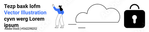 Woman interacting with a cloud and padlock, signifying data protection, cloud storage, privacy, online safety, cybersecurity, file backup, digital solutions. Ideal for apps tutorials and simple