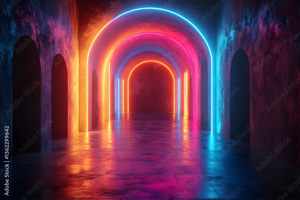 Vibrant Neon Lit Arched Tunnel for Futuristic Design and Background Concepts Vibrant Neon Lit Arched Tunnel for Futuristic Design and Background Concepts