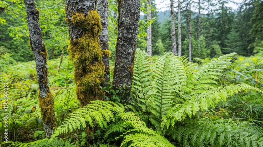 Fototapeta premium A lush, green forest scene featuring ferns and moss-covered trees surrounded by dense, vibrant foliage.