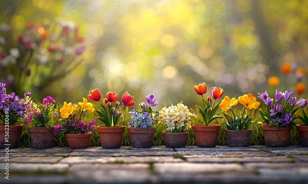 Colorful flower pots arranged on a stone path, with a vibrant garden and soft sunlight in the background Colorful flower pots arranged on a stone path, with a vibrant garden and soft sunlight in the background