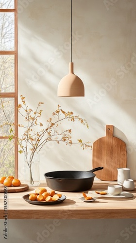 Modern kitchen scene with pendant light, cookware, and fruit