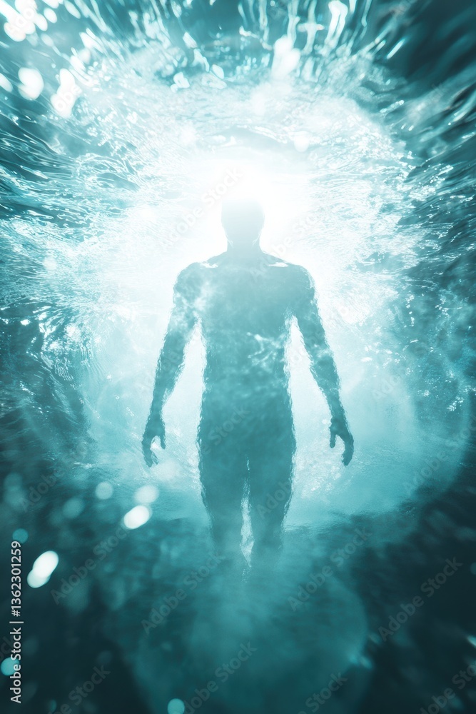 Fototapeta premium Rejuvenation Concept with Glowing Figure Emerging from Crystal-Clear Water