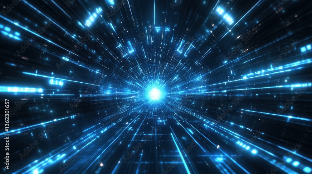 Naklejka premium Blue digital speed tunnel lights, abstract tech background. illustration