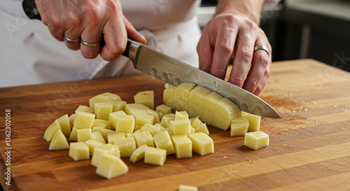 Close Up Of A Chef Cutting Potatoes Into Cubes On A Wooden Board In Kitchen