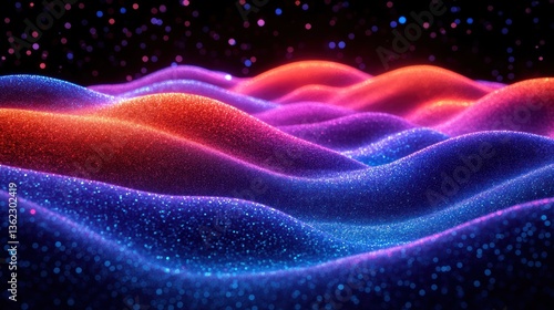 Vibrant, undulating waves of light, glowing in red, orange, and blue hues against a dark background.  Particles create a textured surface