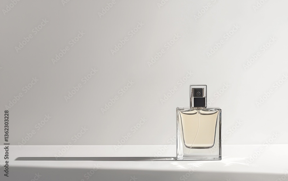 A clear glass perfume bottle with a light yellow liquid sits on a white surface, casting a shadow. Minimalist product photography with soft lighting A clear glass perfume bottle with a light yellow liquid sits on a white surface, casting a shadow. Minimalist product photography with soft lighting