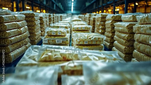 Packed bakery goods neatly arranged in a warehouse with soft lighting