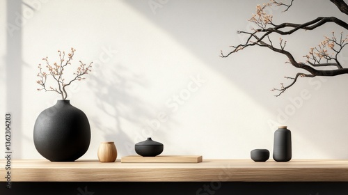 Minimalist scene wooden shelf, black pottery, and dried branches against a white wall, sunlit