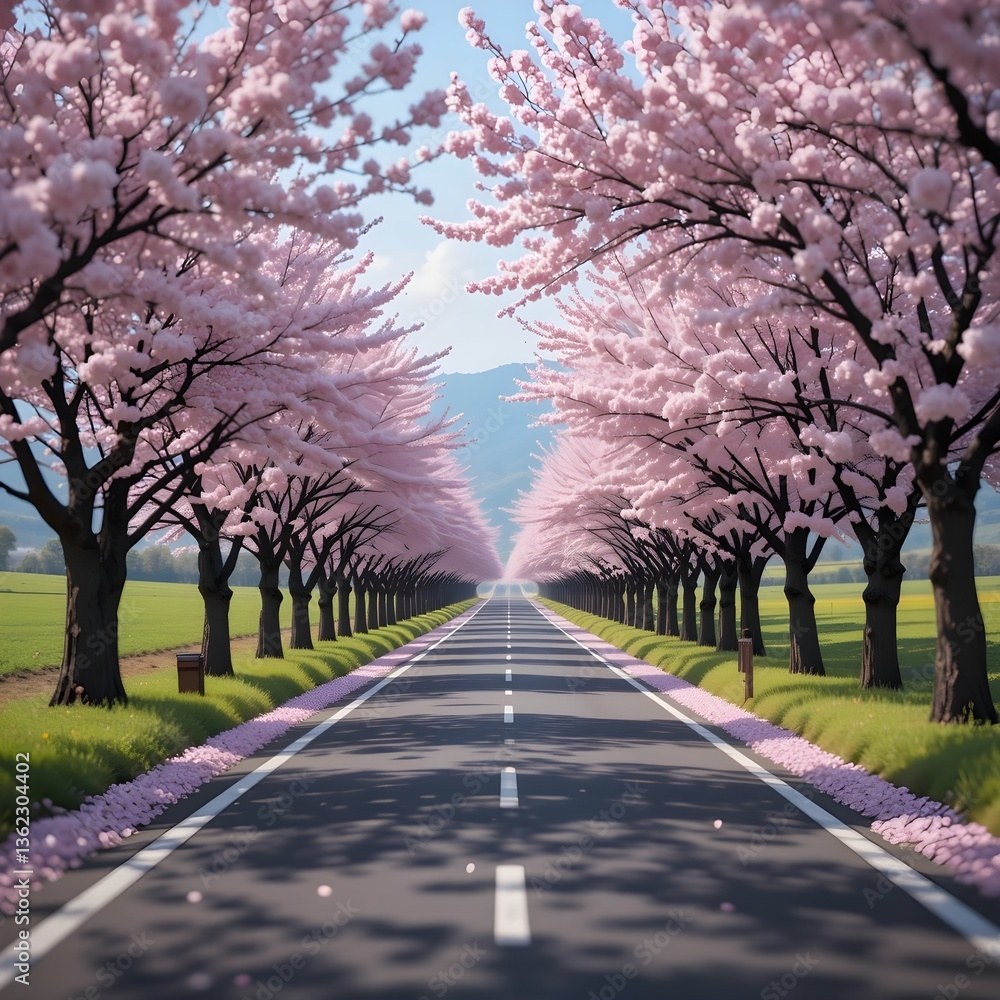 Obraz premium A picturesque view of a countryside road lined with blooming cherry blossoms.