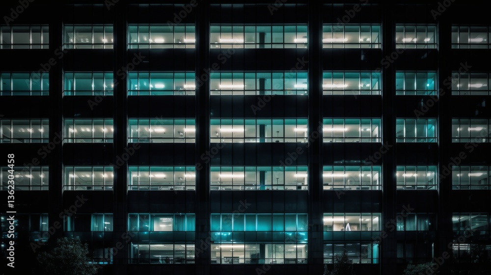 Fototapeta premium Modern office building with illuminated windows.