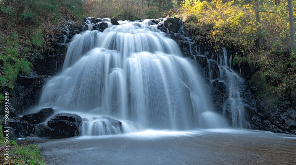 Fototapeta premium Serene Waterfall in Autumn Forest Landscape Photography