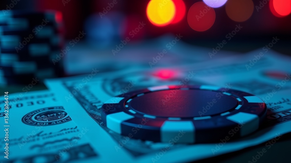 Obraz premium Poker Chip Stack On Dollar Bills