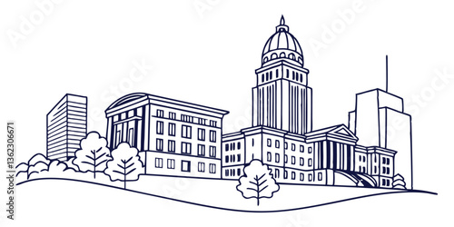 Raleigh skyline, highlighting the PNC Plaza and historic State Capitol in a sleek, continuous-line style.
