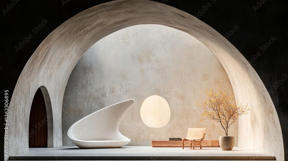 Serene minimalist interior with curved walls, unique seating, and natural light Serene minimalist interior with curved walls, unique seating, and natural light