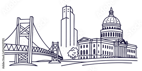 Sacramento skyline, featuring the Tower Bridge and California State Capitol in a sleek, continuous-line style.