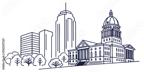 A minimalist one-line drawing of the Raleigh skyline, highlighting the PNC Plaza and historic State Capitol in a sleek, continuous-line style.