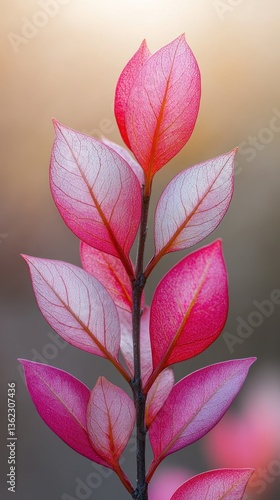 Delicate pink and white leaves on a slender stem, bathed in soft light
