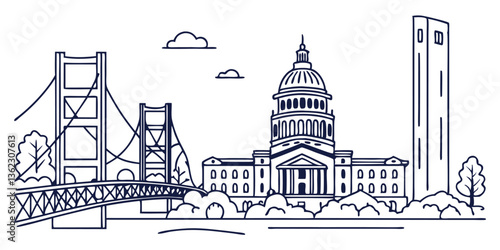 A minimalist one-line drawing of the Sacramento skyline, featuring the Tower Bridge and California State Capitol in a sleek, continuous-line style.