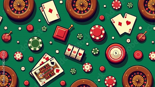 Casino Game Icons Pattern Green Background