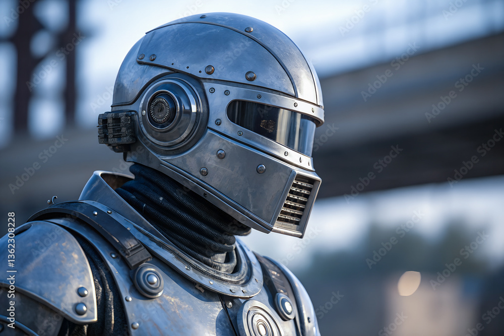 Fototapeta premium Realistic Metallic Robot in helmet, close-up robotic head in helmet.