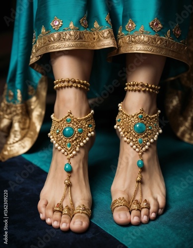 Elegant feet adorned with traditional jewelry on rich fabric background  