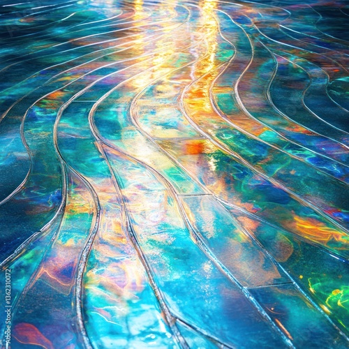 Iridescent, wavy surface reflecting light, creating vibrant colors and patterns