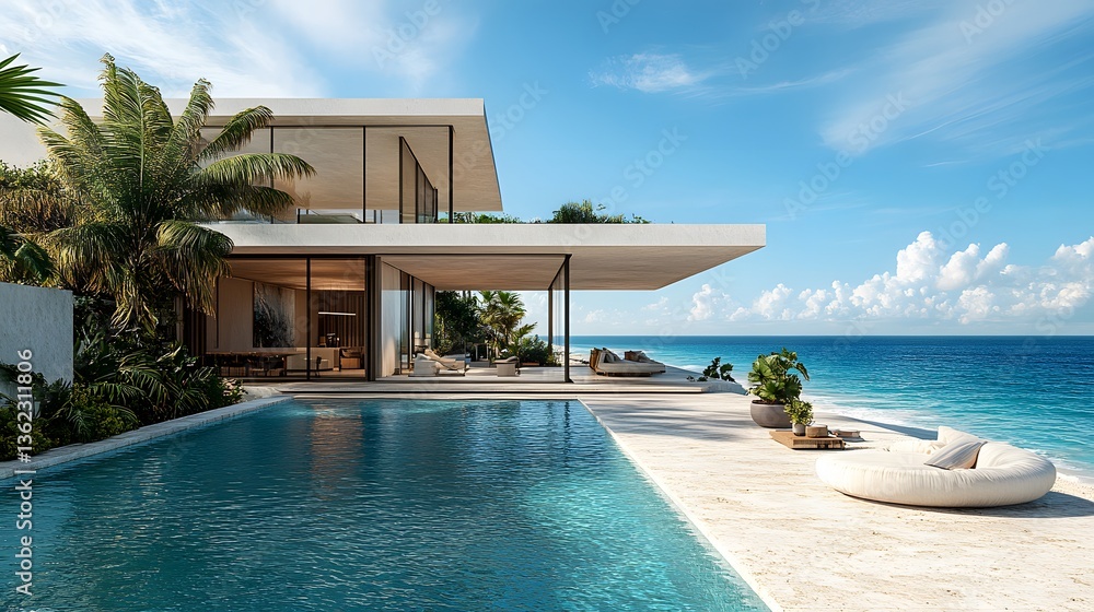 Fototapeta premium Modern luxury beachfront villa boasts floor-to-ceiling glass windows, panoramic ocean view, stone patio, turquoise water, natural stone flooring, and indoor-outdoor living in golden hour light.