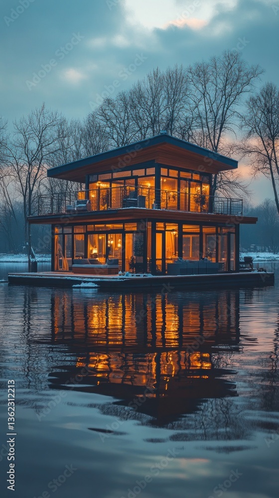 Obraz premium Modern lake house with warm interior lighting reflected in calm water at dusk