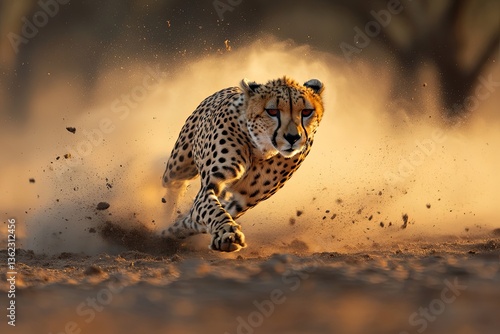 A lone cheetah dashing across the open plains, its powerful body fully extended in motion, kicking up a trail of dust behind