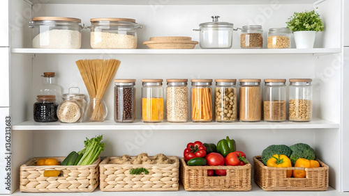 Organized kitchen pantry with jars and baskets of various dry goods
