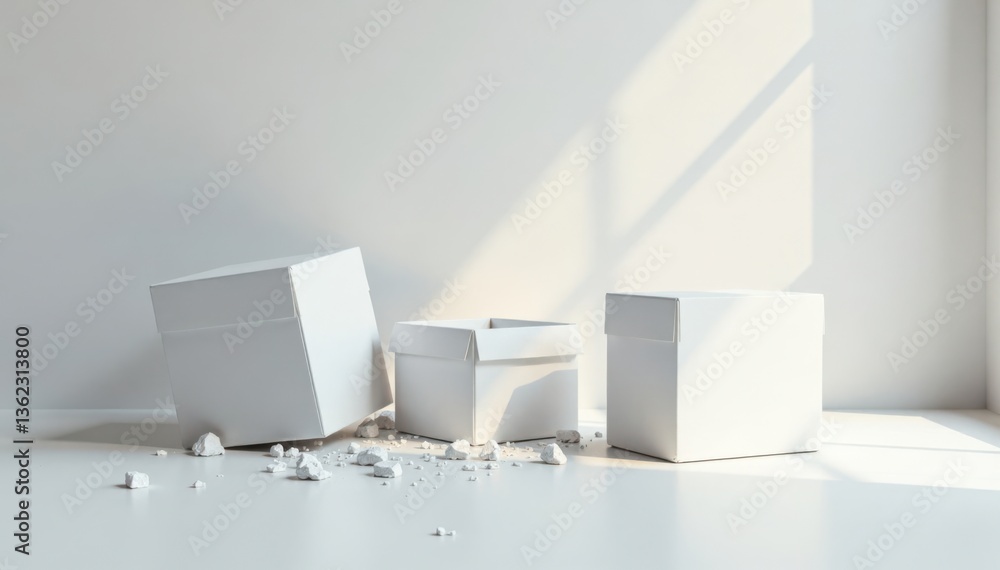 Shattered white cube boxes scattered on a clean floor, random arrangement, clean floor Shattered white cube boxes scattered on a clean floor, random arrangement, clean floor