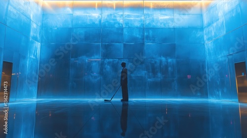 Solitary figure sweeping in a futuristic, blue-lit, reflective chamber