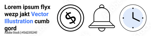 Dollar symbol, bell, and clock in minimalistic design representing finance, notifications, and time management. Ideal for reminders, business, scheduling, productivity funds alerts abstract line