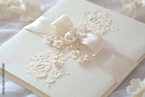 
A white wedding invitation card with delicate pearls and ribbons, showcasing The design includes elegant floral accents in shades of beige or light pink to complement its classic style. It's set agai
