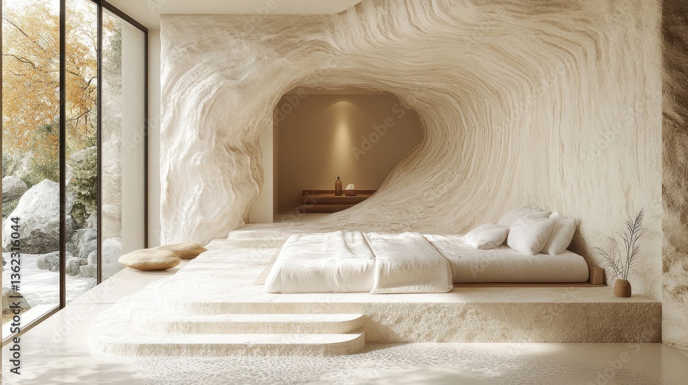 A serene bedroom with textured walls, inviting bed, and natural light through a large window A serene bedroom with textured walls, inviting bed, and natural light through a large window