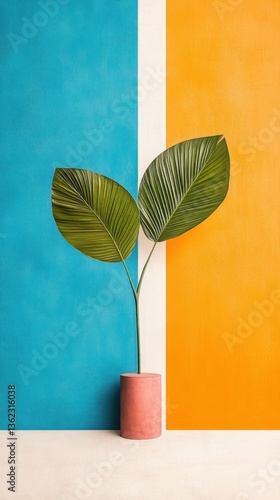 Vibrant plant with large leaves in terracotta pot against teal and orange wall