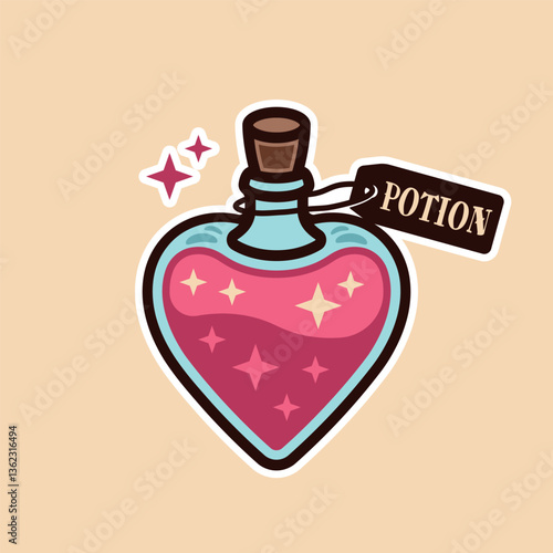 Love potion heart bottle vector colored illustration. Magical elixir in a glass bottle with romantic and mystical vibes. Perfect for fantasy, alchemy, and other designs