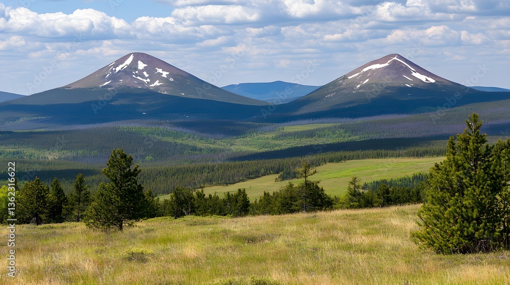 Fototapeta premium Majestic Twin Peaks Mountain Range Landscape with Evergreen Forest