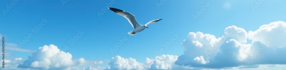Soaring seagull against blue sky with white clouds, outdoors, gulls Soaring seagull against blue sky with white clouds, outdoors, gulls