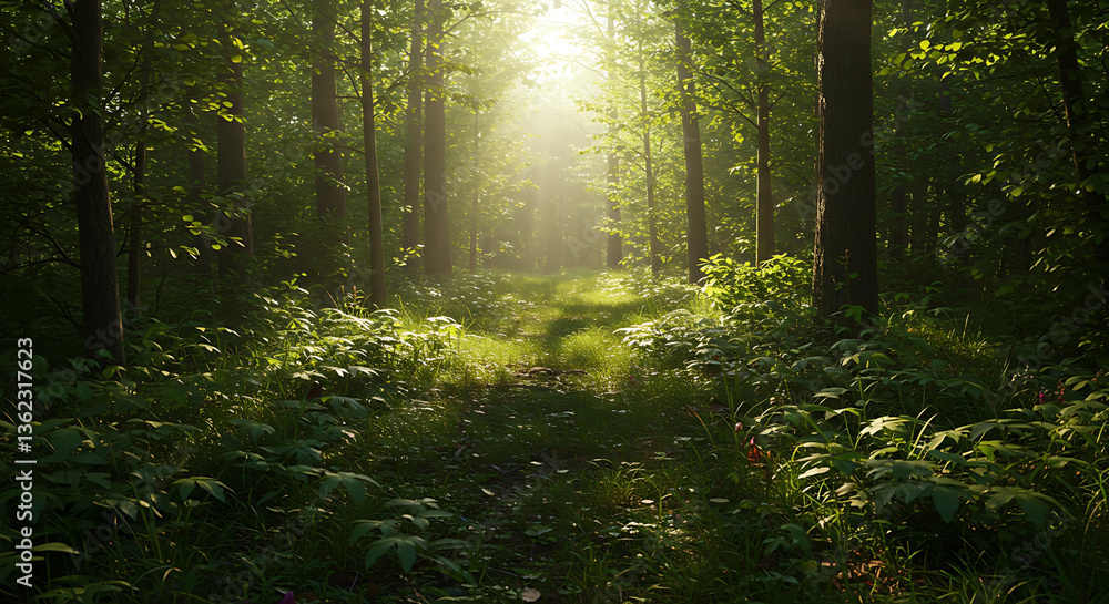 Fototapeta premium Sunlight shining through trees in a dense green forest