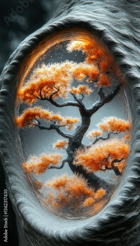 Autumnal bonsai tree encased in a sculpted, eye-like frame
