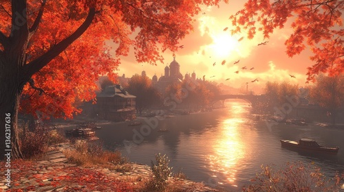 Autumnal sunset over a river, reflecting light, with red foliage and buildings along the banks