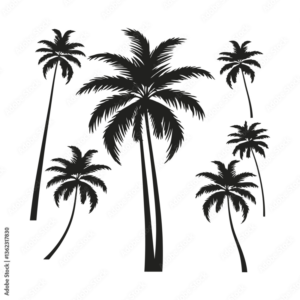 Group simple black and white vector illustration of a beach scene with a palm tree and sand on a white background Group simple black and white vector illustration of a beach scene with a palm tree and sand on a white background