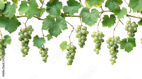 Fresh Ripe Grapes with Leaves, Isolated White Background